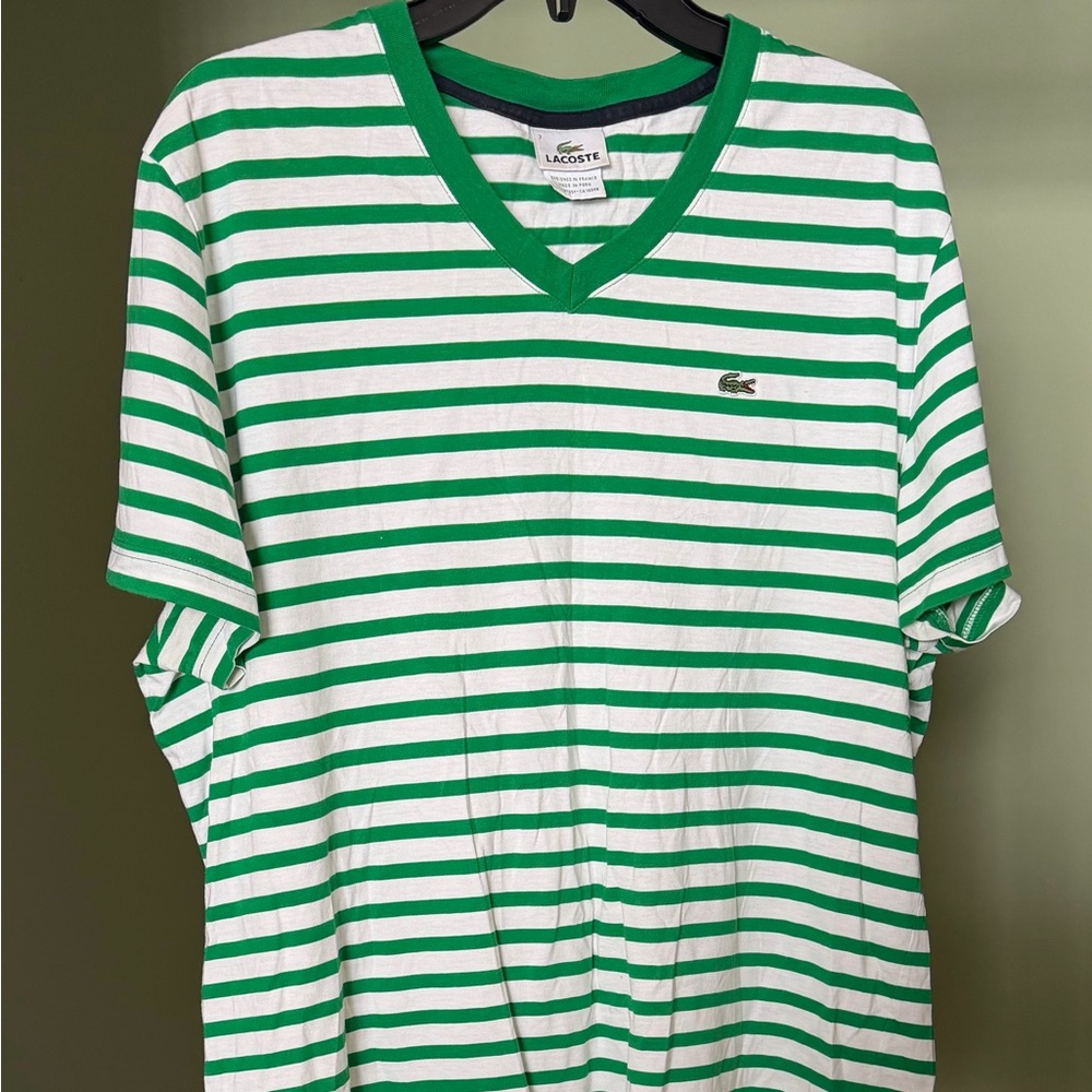 Lacoste Green and White Striped Short Sleeve V‑Neck Tee